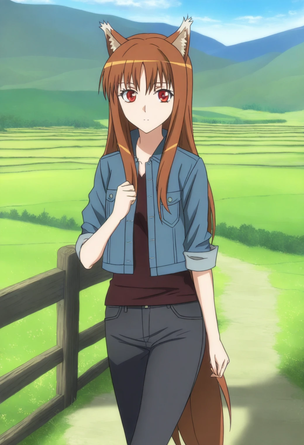 <lora:Holo - [Spice and Wolf] - illustriousXL v1:1>, sysdeep_holo, wolf ears, brown hair, red eyes, long hair, anime coloring, 1girl, solo, Country road, denim jacket, standing by a wooden fence, relaxed expression