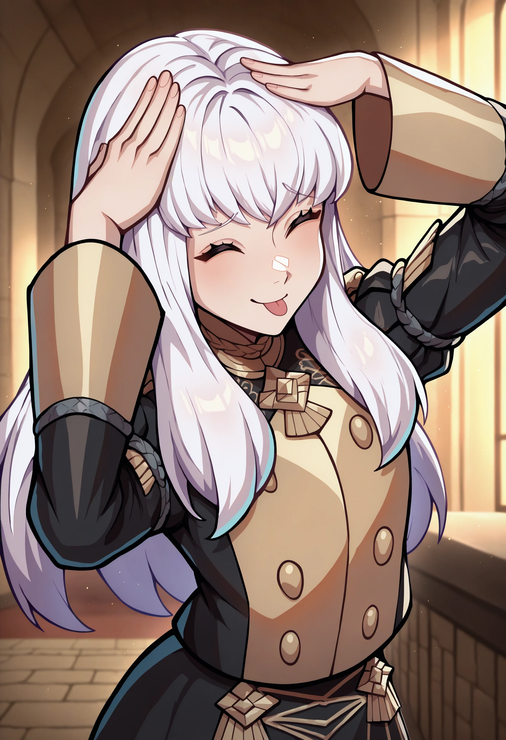 masterpiece, best quality, newest, absurdres, highres, AhEtoBlehMeme, closed eyes, tongue out, :p, hands on own head, smile,  <lora:AhEtoBlehMeme_illusXLNoobAI_Incrs_v1-000008:1>, upper body, indoors, <lora:fireemblem_lysithea_illustriousXL:1> lytdef, long hair, white hair, garreg mach monastery uniform, black jacket, epaulettes, buttons, juliet sleeves, black skirt,