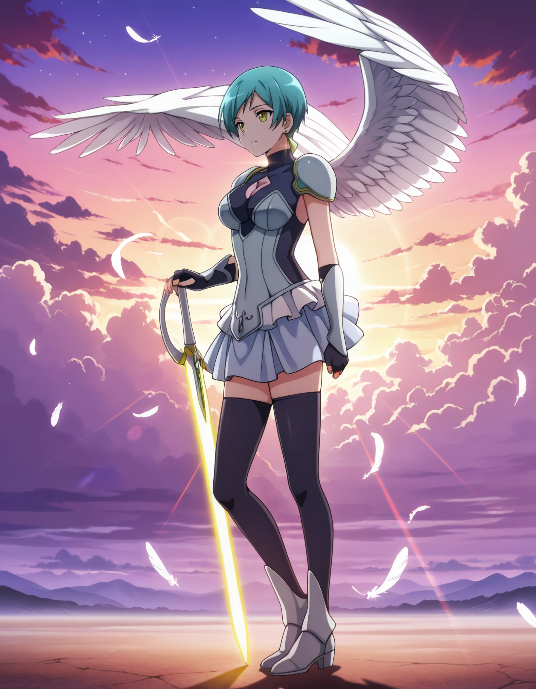 masterpiece, detailed, best_quality <lora:claudia_asterio_il:1> claudia_asterio, short_hair, aqua_hair, blue_hair, earrings, yellow_eyes, jewelry, shoulder_armor, pauldrons, zettai_ryouiki, cleavage_cutout, black_thighhighs, fingerless_gloves, shadow, clouds, dark, lens_flare, backlighting, wings, feathers, glowing, purple_sky, twilight, neon_trim, (colorful) sword, glowing_weapon