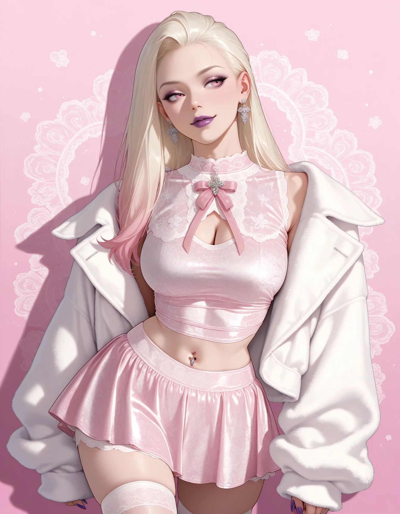 (photo, realistic) the baddest evelynn,   1girl, solo,  (bright pink:1.3 dress), short skirt,  crushed velvet, fine fabric emphasis, cleavage large breasts, cleavage cutout, navel piercing,  lace, fluffy white jacket, jewelry,  <lora:Outfit_soph-CrushedVelvetDress-ILXL:0.9>,flirting, purple lips, abstract background zettai ryouiki, masterpiece, best quality, very aesthetic, newest