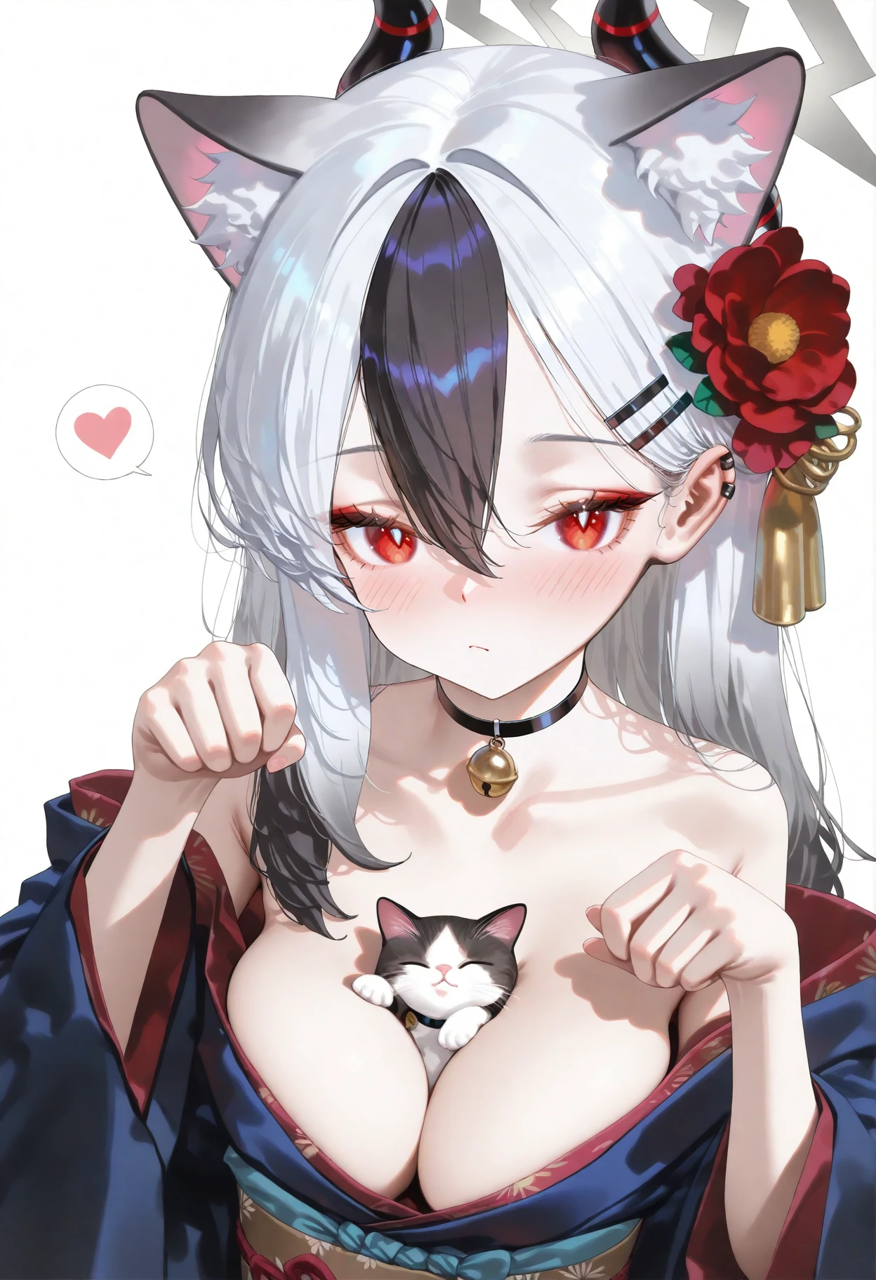 masterpiece, best quality, good quality, mizunashichika,
kayoko \(blue archive\), 1girl, solo, long hair, breasts, looking at viewer, blush, simple background, large breasts, black hair, long sleeves, hair ornament, white background, red eyes, animal ears, hair between eyes, closed mouth, cleavage, bare shoulders, collarbone, upper body, white hair, flower, multicolored hair, heart, horns, japanese clothes, choker, hairclip, cat ears, hair flower, official alternate costume, wide sleeves, kimono, off shoulder, two-tone hair, halo, animal ear fluff, sash, black choker, bell, piercing, obi, cat, demon horns, ear piercing, bright pupils, extra ears, between breasts, jingle bell, neck bell, spoken heart, kemonomimi mode, paw pose, black kimono
<lora:ai_styles_collection_noob_vpred-1.0-v4.02:1>