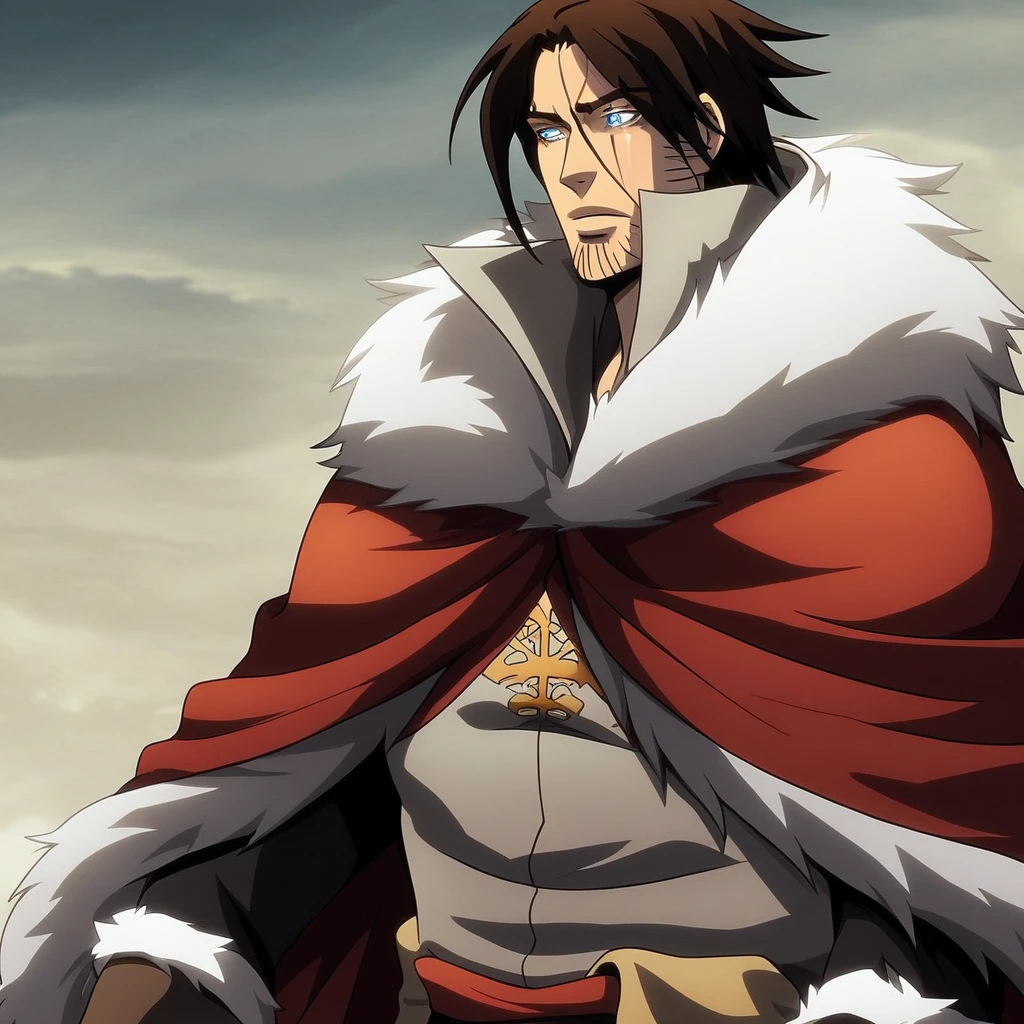 trevorbelmont, 1boy, solo, male focus, brown hair, blue eyes, scar, scar on face, facial hair, stubble, high collar, tunic, boots, fur trim, cloak,