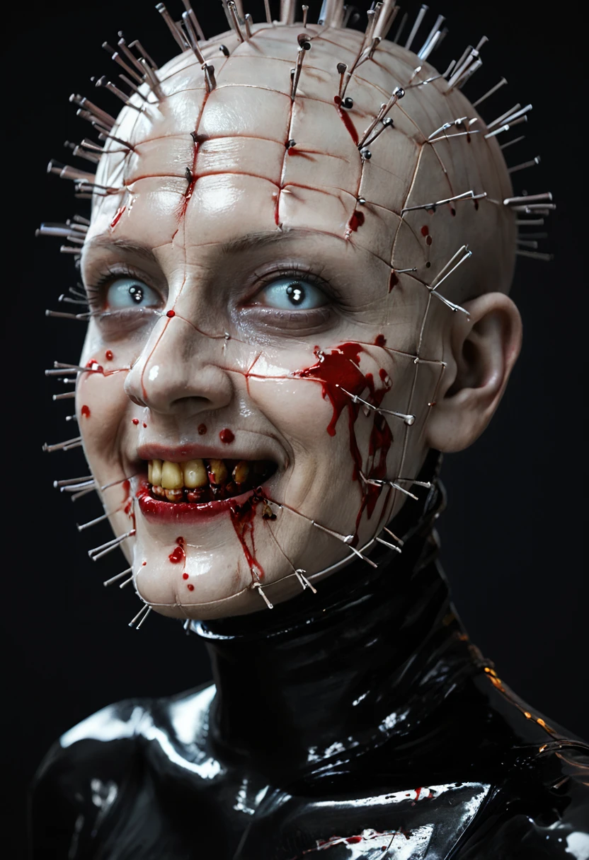 <lora:Pinhead-PXL:1> Pinhead-PXl, Pinhead, 1girl, portrait, no sclera, no pupils,  white eyes, evil smile,  looking at viewer, blood trail,  blood on mouth, rolled eyes, black background, simple background, realistic, ultra detailed skin texture, shiny skin, latex clothes, from side,