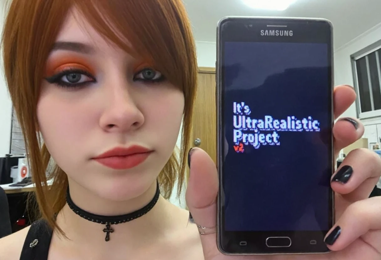 aesthetic2000s, artificial indoor heavy light, amateur quality, low light condition, underexposed face, face slightly shadowed, daytime. young woman, late teens to early 20s, fair skin, reddish-brown hair pulled back, side-swept bangs covering part of the forehead, dark eyeliner, orange eyeshadow, natural lip color, She also has a black choker and a black cross necklace. Her expression is neutral. room with furnitures and desk with computer and monitor and window. holding Samsung note10, display showing text "It's UltraRealistic Project v2", Amoled screen, pixelated text font. She has black nailpolish and rings on some fingers