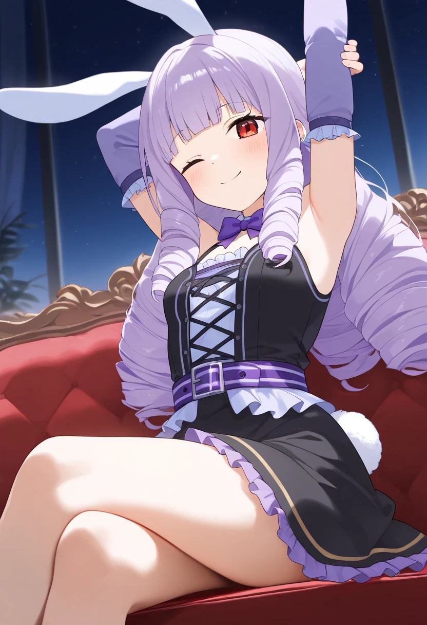 1girl,solo,retoree_(show_by_rock!!),<lora:chuchuil:0.9>,red eyes,long hair,purple hair,drill hair,blunt bangs,white animal ears,rabbit tail,black dress,frills,purple detached sleeves,bowtie,belt,purple bow,skirt,smile,sitting,couch,indoor,crossed_legs,stretching,arched_back,arms_up,wink,night,looking_at_viewer,cowboy_shot,dynamic_angle,masterpiece,best quality,good quality,newest,incredibly absurdres,