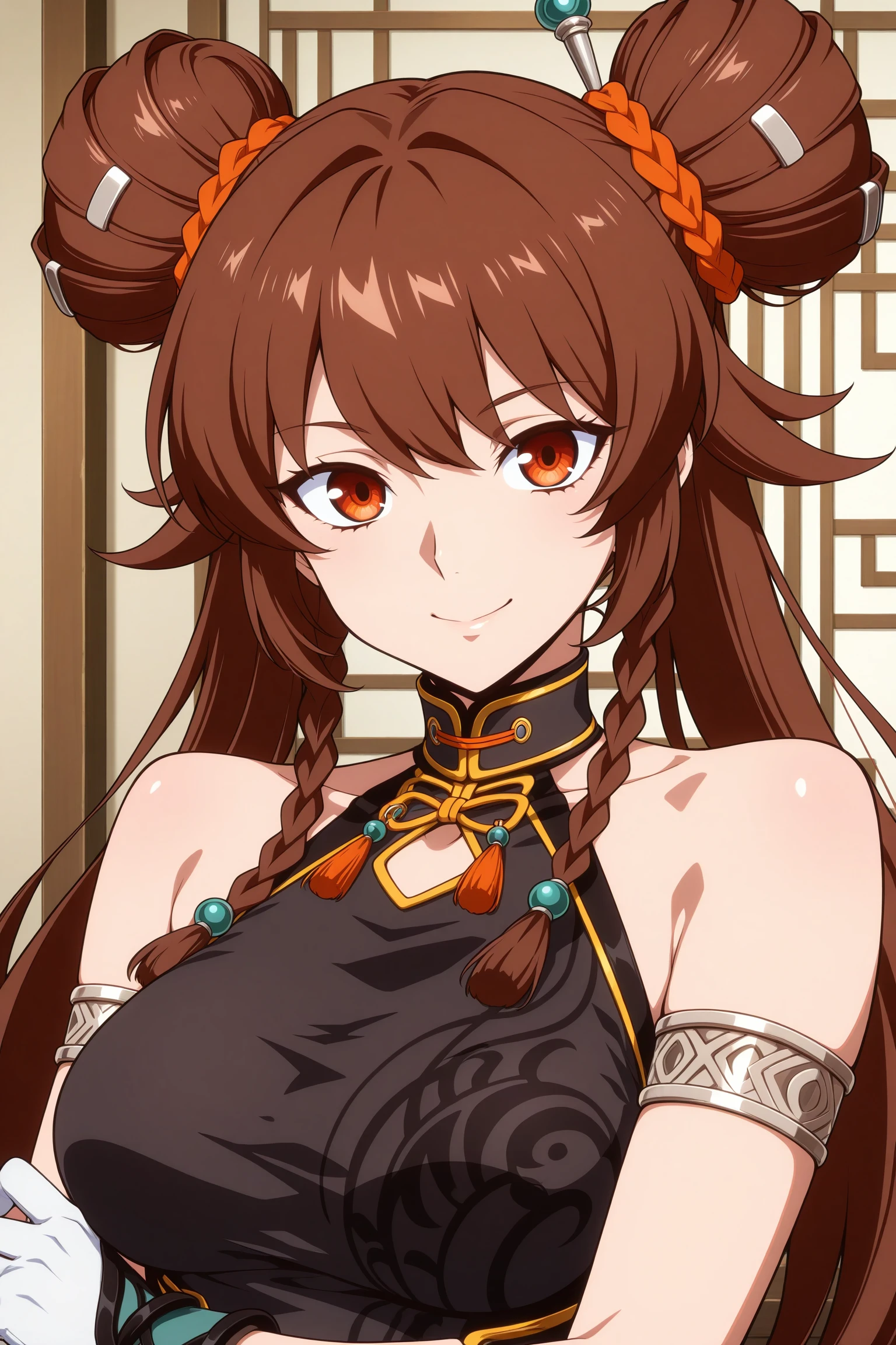 masterpiece, best quality, amazing quality, highres, absurdres, very aesthetic, high resolution, ultra detailed, perfect details, 1girl, solo, indoors, medium breasts, nen master, very long hair, brown hair, double bun, twintails, hair ornament, orange hair tie, sidelocks, twin braids, orange eyes, jewelry, chinese clothes, sleeveless, black dress, armlet, bracelet, white gloves, side slit, black thighhighs, black footwear, flats, <lora:Nen_Master_ILXL:0.8>, (aged up:1.8), (portrait:1.7), looking at viewer, smile, (anime coloring:1.5), (anime screencap:1.5)