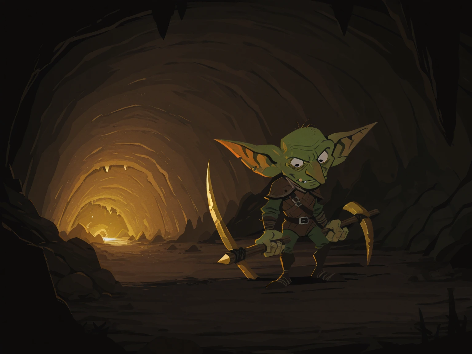 <lora:InCaseArt_Style:0.35>,
1boy, goblin, green skin, black eyes, brown, leather armor, solo, mining, holding one pickaxe, gold, cave, indoors
, <lora:InCaseIL:0.7>, flat colors