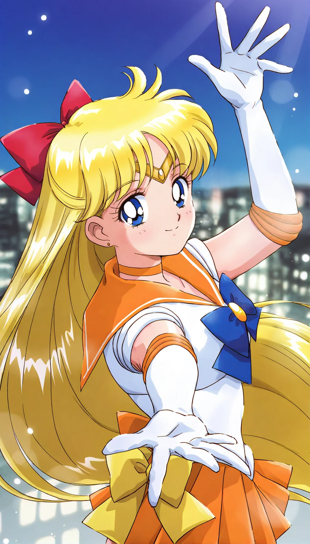 masterpiece,best quality,amazing quality,
<lora:ainominakoIL:1>,
ainominako,
1girl,solo,
blonde hair,long hair,bangs,red hair bow,golden tiara on forehead,golden earrings,
blue eyes,looking at viewer,smile,
orange choker,serafuku,orange collar,blue bow tie,orange skirt,yellow bow on back,white gloves,
upper body,leaning back,reaching out,
blurry background,depth of field,vignetting,soft lighting,light particles,
night,distant city in background,