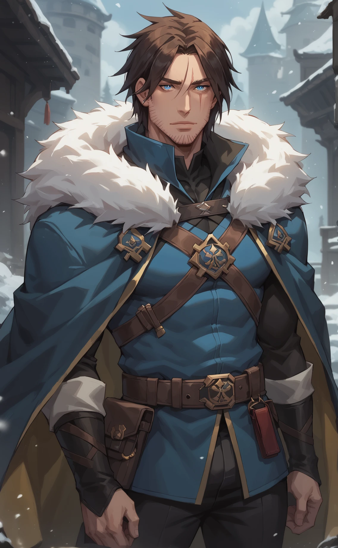 score_9_up, score_8_up, score_7_up, score_6_up, trevorbelmont, 1boy, solo, male focus, brown hair, blue eyes, scar, scar on face, facial hair, stubble, high collar, tunic, fur trim, cloak, belt, black pants, dark fantasy art, grimdark, best_quality, masterpiece, dark cold color scheme, valorant style, dvs, <lora:sxz-valorant-smol-v2-pdxl:0.2> <lora:Concept Art DarkSide Style LoRA_Pony XL v6:0.55>  <lora:Trevor_Belmont_-_Castlevania_Pony-000008:0.8>