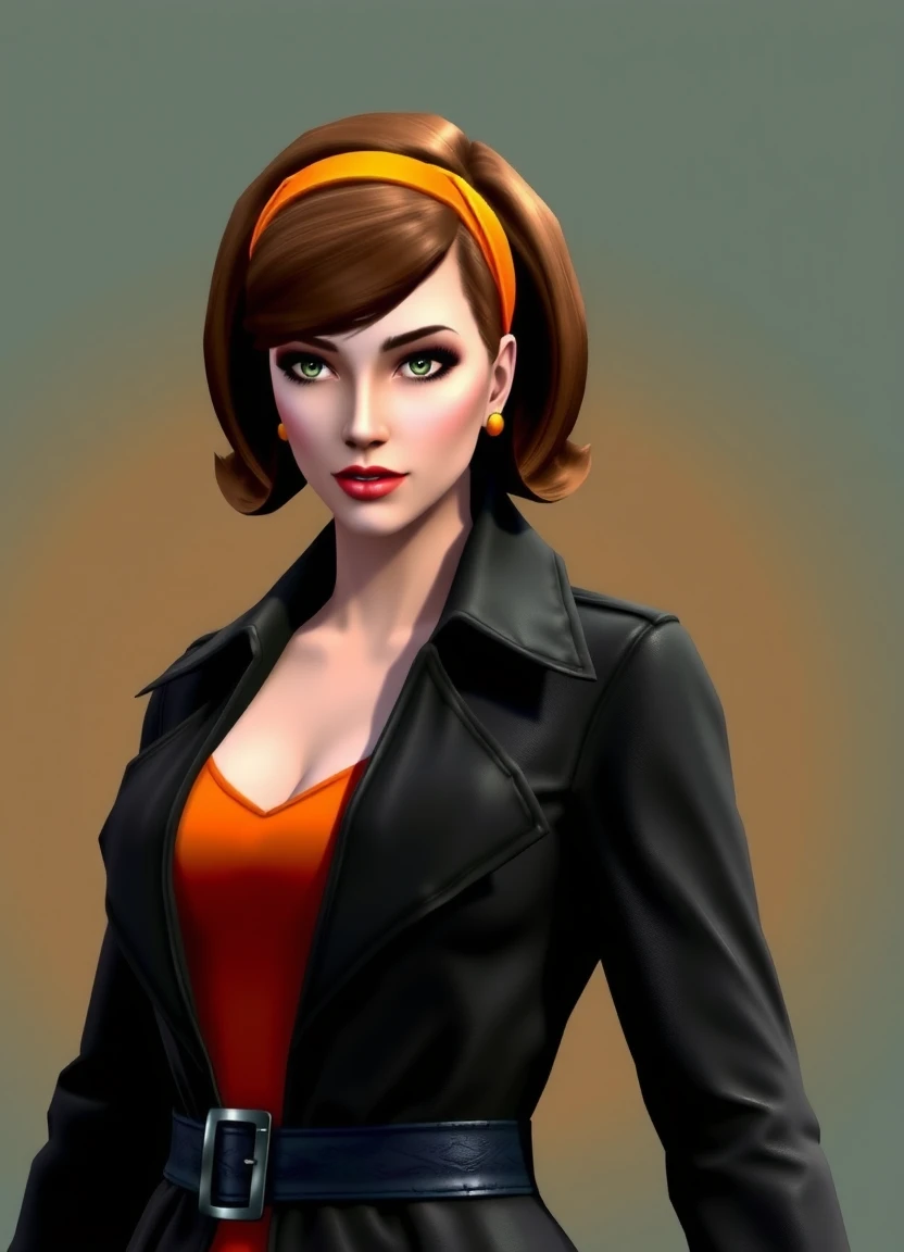 nolfcatearcher, woman with short brown hair, orange hairband, black trenchcoat, orange dress, retro style, female secret agent, 3d game character