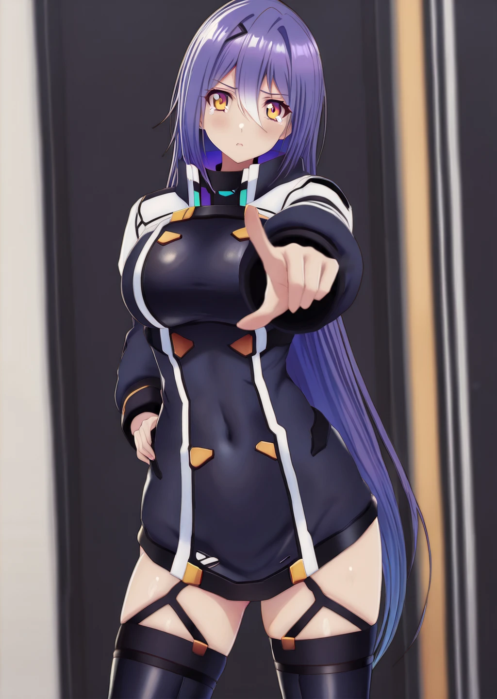 highres,depth of field,newest,official style,anime coloring,anime screencap,Anime,(best quality),(highly detailed),((masterpiece)),((best quality)),(ultra-detailed),((extremely detailed)),(high resolution),4K,(8K),best quality,(beautiful),(dynamic lighting),(super detailed skin),sharp focus,(source_anime,(masterpiece:1.2),best quality,very aesthetic),masterpiece,best quality,very aesthetic,1girl,source_anime,rating_explicit,incredibly absurdres,absurdres,<lora:Etra_V1:1>,etra-outfit1,thigh boots,legwear garter,narrow_waist,skinny,slender,tearing_up,curvy,pointing_at_viewer,purple hair,blue hair,