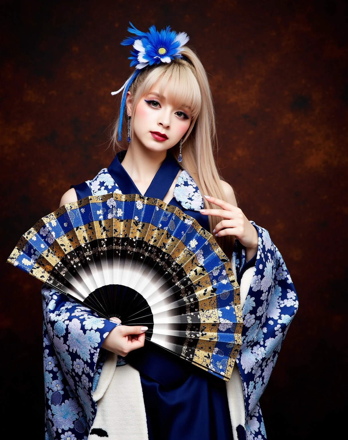 The image is a high-resolution photograph of a young woman with a fair complexion and long, straight, platinum blonde hair adorned with an elaborate hair accessory featuring blue and white flowers and feathers. She is dressed in a traditional Japanese kimono with a deep blue base and intricate patterns of white, blue, and gold. The kimono's sleeves are voluminous and adorned with floral designs in shades of blue and white. She holds a large, ornate fan in her right hand, which has a black and gold pattern with a central white area. Her makeup is bold and dramatic, featuring heavy eyeliner, dark lipstick, and a subtle blush. The background is a textured, dark brown, and slightly mottled surface that contrasts with her bright and colorful attire. The overall style is a blend of traditional Japanese and modern aesthetics, with a focus on elaborate and detailed clothing and accessories. The photograph captures the richness and depth of the colors and textures, emphasizing the elegance and sophistication of the subject.