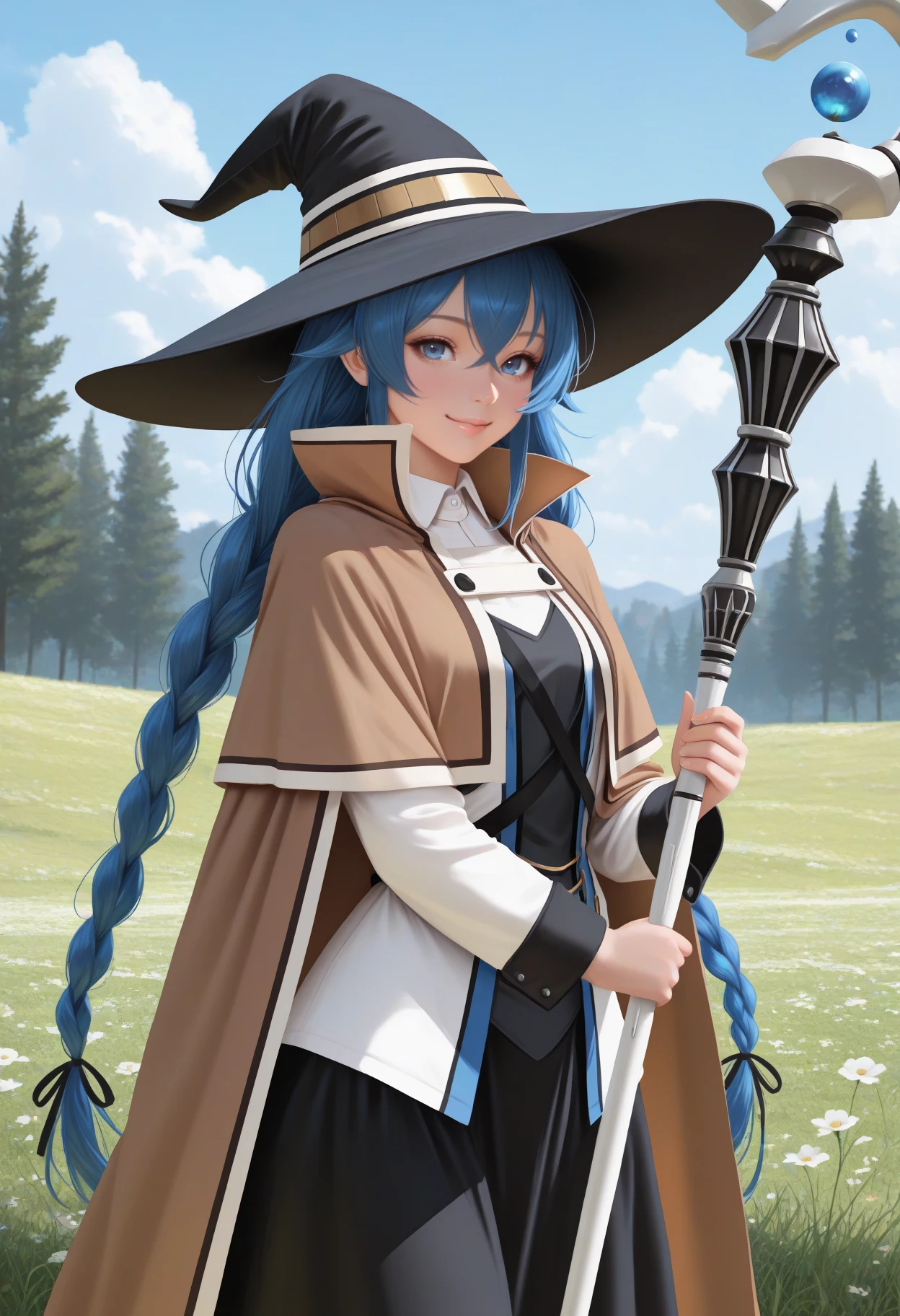 masterpiece, best quality, realistic, solo, 1girl, rxmg, smile, looking at viewer, standing, holding staff, mage staff, blue hair, hair between eyes, crossed bangs, twin braids, hair ribbon, black ribbon, black headwear, witch hat, blue eyes, brown cape, brown cloak, white jacket, long sleeves, white shirt, collared shirt, black skirt, outdoors, blue sky, cloud, grass, tree, flower
<segment:yolo-Anzhc Face seg 640 v2 y8n.pt,0.4,0.5//cid=1>