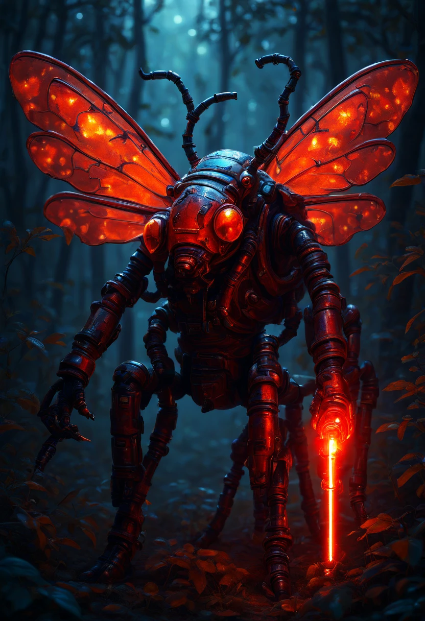 InsectCommandos,  A scarlet-red firefly commando, its wings lit up like a glowing beacon, equipped with dual laser blades.