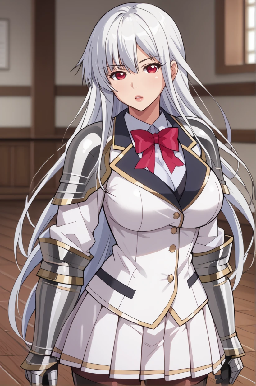 <lora:MiyakoRuriko-09:1> MiyakoRuriko, MRArmor, very long hair, white hair, red eyes, lips, large breasts, pleated skirt, blazer, school uniform, long sleeves, miniskirt, red bow, buttons, brown pantyhose, white skirt, red bowtie, white jacket, shirt, uniform, key light, rim light, classroom, indoors, expressionless, armor, armored boots, gauntlets, greaves, holding weapon, open mouth, indoors, holding, knight, sheathed, white skirt, shoulder armor, pauldrons, window, wooden floor, breastplate, scabbard, thigh boots, armored dress, gold trim, vambraces, shoulder pads,, 8k, masterpiece, absurdes, highly detailed, highres, high quality, best quality, score_9, score_8_up, score_7_up, score_6_up, shiny, shiny skin, shiny hair