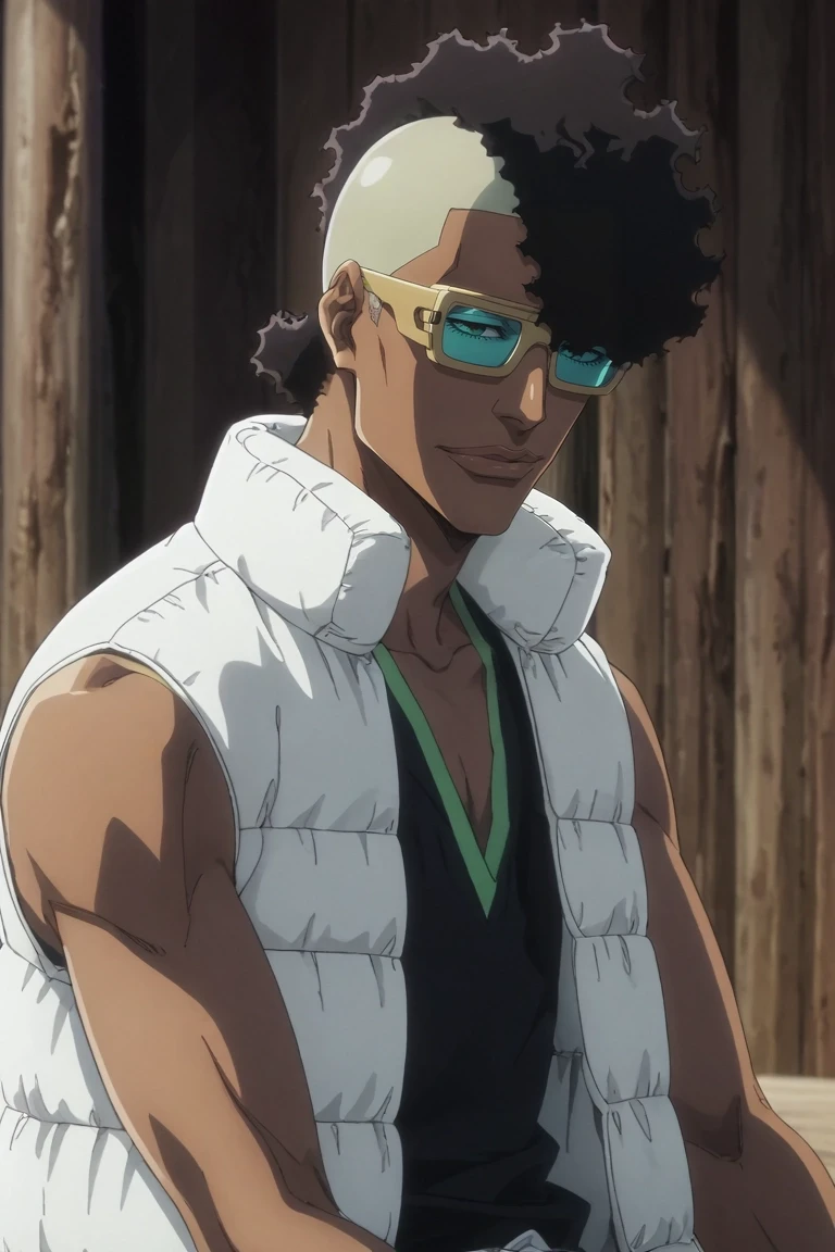 score_9, score_8_up, score_7_up, source_anime, rating_safe, , anime screencap, , , , , 1boy, solo, male focus, <lora:ouetsu_nimaiya_pony:1>, ouetsu_nimaiya, black hair, sunglasses, tinted eyewear, opaque glasses, , , vest, sleeveless, , profile, fuji mountain, dark, sitting, smirk, , <lora:sdxl_lightning_8step_lora:1>