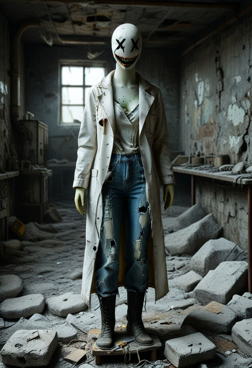 score_9, score_8_up, score_7_up, hyper details, masterpiece, high quality v3, (ultra-HD details), dvr-lnds-sdxl
A XXDFace white faceless mannequin with x-eyes and big fanged teeth creepy smile wearing broken tattered white Lab coat, tattered blue jeans and closed-toe shoes. stands amidst the ruins of a post-apocalyptic nuclear factory. The scene is desolate, with crumbling walls, exposed pipes, and broken machinery. Radioactive green light seeps through cracks, illuminating the mannequin with an eerie glow. Thick fog and scattered debris add to the haunting atmosphere. The lighting is dim and moody, with dramatic shadows highlighting the decay. Photorealistic details emphasize the mannequin's unsettling presence in this dystopian, industrial wasteland, medium shot,