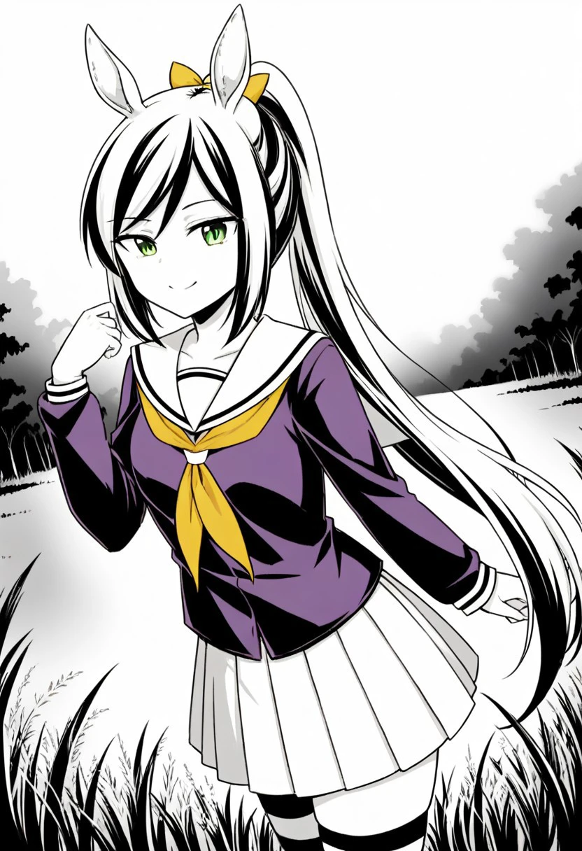 Chroe Mashima, (Hair: Long hair, Black and white hair, Streaked hair), Horse ear, (Pale green eyes: 1.2), 1 ponytail, Skirt, School uniform, Pleated skirt, Serafuku, White skirt, Shirt, Purple shirt, Sailor collar, White sailor collar, Long sleeves, Handkerchief, Yellow handkerchief, Striped stockings, Knee-high stockings, Standing, Smug smile, In the middle of the grass, Yellow horn, Beautiful sky