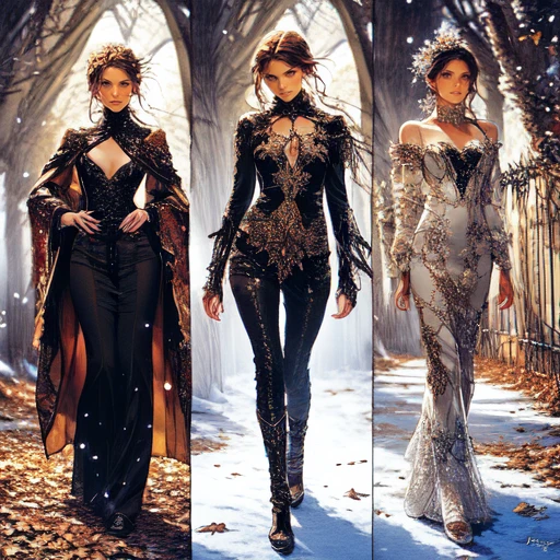 <lora:Ethereal_Gothic_Renaissance:1> ArsMJStyle, Etherial Gothic, four women representing the seasons, each dressed in richly detailed garments. They stand intertwined with the natural elements of their seasons spring blossoms, summer sunflowers, autumn leaves, and winter snowflakes.
