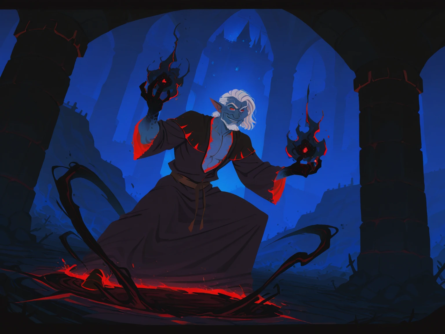 <lora:InCaseArt_Style:0.35>,
1boy, mature male, male focus, dark elf, long white hair, red eyes, blue skin body, dark mage, castle room, battle stance, smiling, dark mage robe, black smoke, black magic, indoor, night, solo, dutch angle,
, <lora:InCaseIL:0.7>, flat colors
