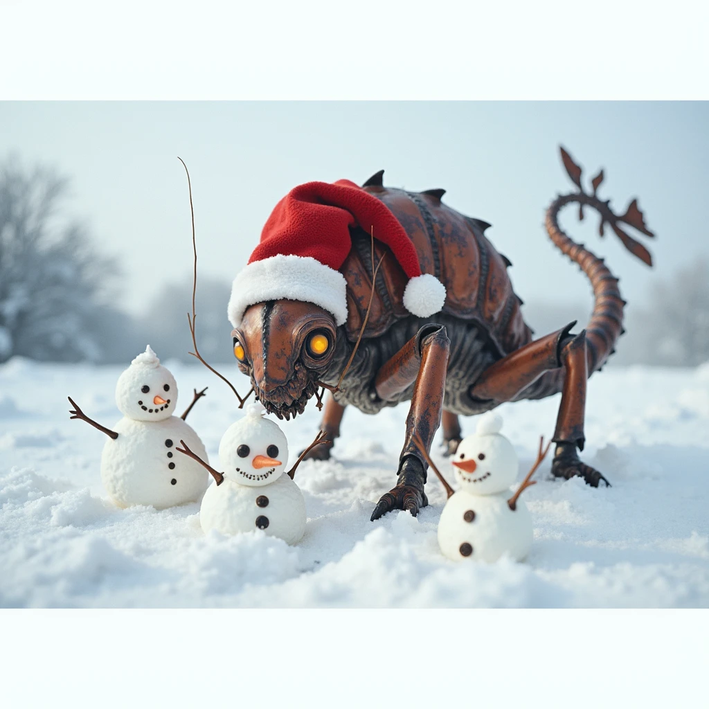 A rust monster standing in a snowy field, its metallic, rust-covered body contrasting with the pristine white snow. The creature wears a festive red Santa hat, slightly askew, adding a whimsical touch to its menacing appearance. Surrounding it are cheerful snowmen with carrot noses and coal eyes, their smiles frozen in place. The shot is wide, capturing the vast, snowy landscape under a soft, overcast sky. The rust monster's antennae twitch curiously as it examines the snowmen, its glowing eyes reflecting the muted winter light. The scene blends holiday cheer with the creature's eerie, otherworldly presence.