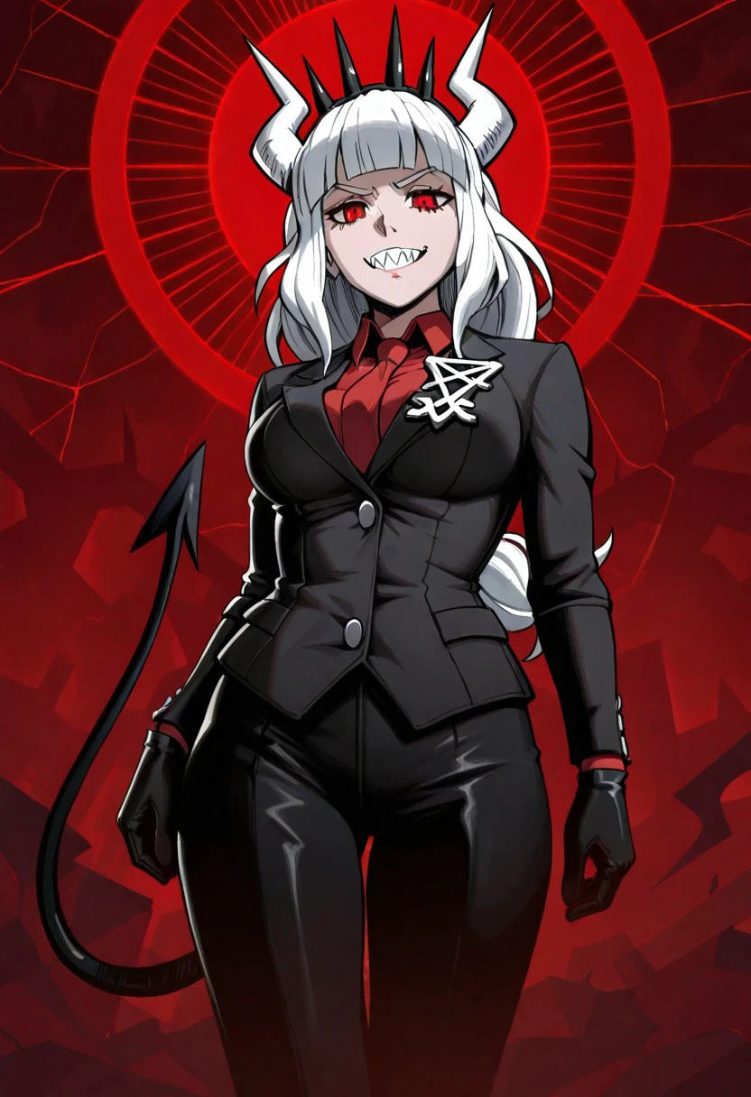 GwentstyleIL-V1.0, masterpiece, best quality, newest, absurdres, highres, 1girl, lucifer \(helltaker\), black suit, red necktie, black collared shirt, black gloves, blunt bangs, demon horns, demon girl, demon tail, sharp teeth, red eyes, white hair, long hair