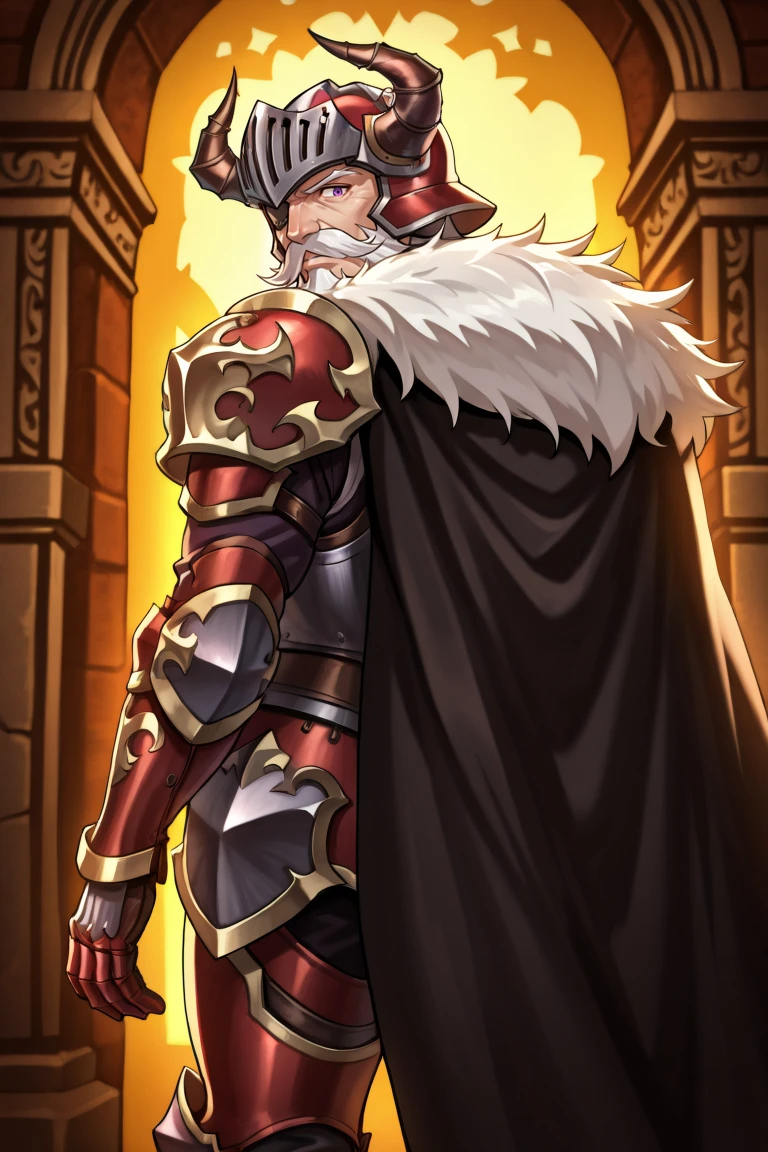 <lora:BaldusIL:0.8> , BldsDef, 1boy, one-eyed, purple eyes, white hair, beard, facial hair, mustache, eyepatch, horns, helmet, horned helmet, fake horns, armor, greaves, gauntlets, fur pauldrons, fur shawl, black cape, cape, old, old man, (cowboy shot), from behind, looking back, exterior, looking at viewer, solo, masterpiece, very aesthetic, absurdres, best quality, amazing quality, high resolution, detailed background,  <lora:illustrious_quality_modifiers_masterpieces_v1:0.8> ,