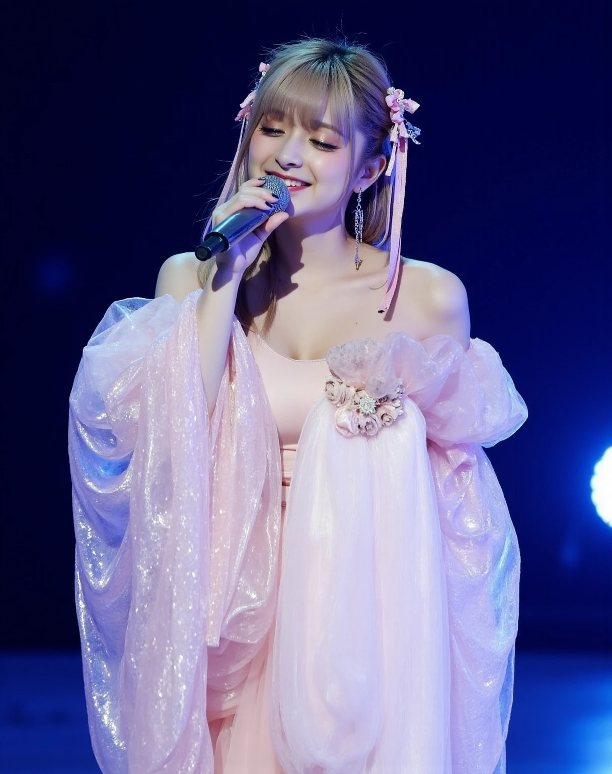 This is a photograph capturing a female performer on stage. The image is taken at night, with a dark, deep blue background that contrasts sharply with the subject, emphasizing her. She is dressed in a flowing, pale pink gown that features a strapless bodice adorned with delicate, sheer fabric and floral patterns. The dress has long, puffy sleeves that drape elegantly over her arms. Her hair is long and straight, styled with two large, ornate hairpins that add a touch of traditional elegance. The pins are adorned with pink ribbons and small, dangling ornaments. She is holding a silver microphone close to her mouth, indicating that she is either singing or speaking. Her expression is serene, with a slight smile, and her eyes are closed, suggesting she is in the middle of a performance. The lighting on stage is soft and focused, highlighting her features and the details of her dress. The overall mood of the photograph is one of grace and elegance, with a hint of traditional Asian aesthetics.