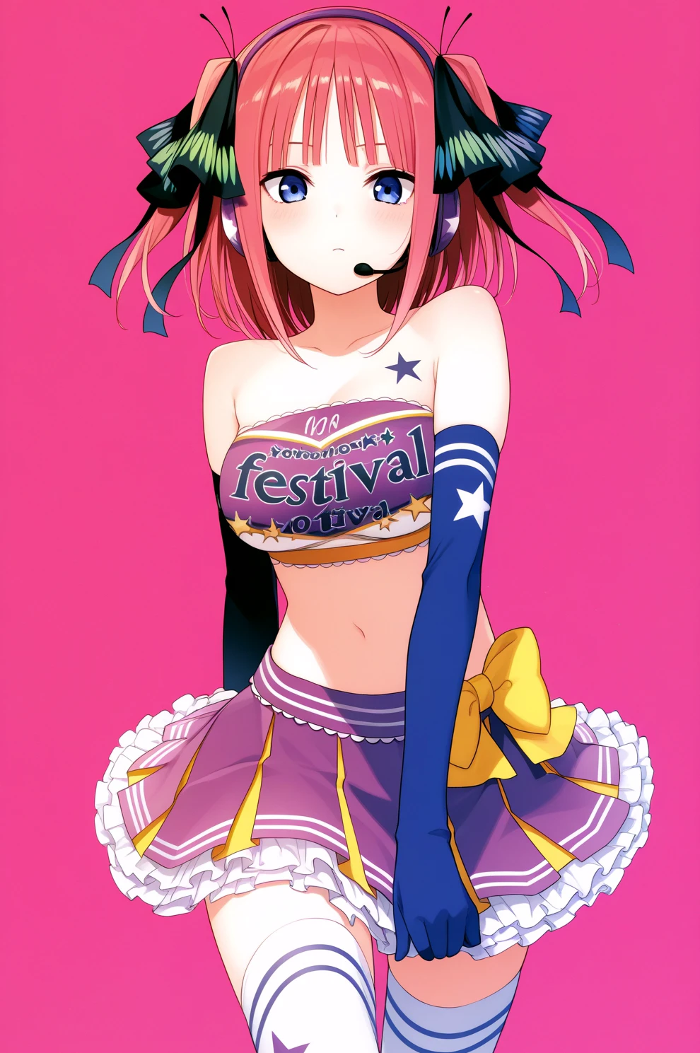 <lora:sifcheer:1>, sifcheer outfit, 1girl, elbow gloves, thighhighs, tube top, nakano nino, headset, masterpiece, best quality