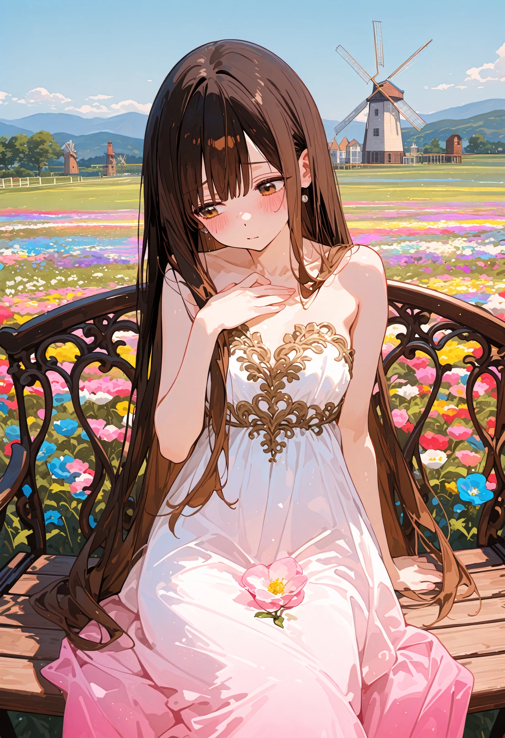 perfect quality,high quality,masterpiece,absolutely eye-catching,ambient occlusion,raytracing,
front view,full_shot,vanishing point,
1girl,solo,long hair,blush,bangs,brown hair,black hair,dress,brown eyes,very long hair,NukumizuKaju Cyql,
furrowed brow,sitting,hand on own chest,
Whimsical,Elegant mermaid gown with a strapless sweetheart neckline and lace appliqués,pink white  gradient clothes,
beautiful face,beautiful eyes,perfect body,sexy,
Serene sky,at Daybreak,(in Flower garden, colorful flower garden,landscape of flowers:1.5),( blue sky, cumulonimbus),(windmill:1.3),(wooden bench:1.2),(many flowers are blooming:1.3),intricate cinematic background,detailed background,
laser light clothes,qxys,748cmstyle,<lora:spo_sdxl_10ep_4k-data_lora_webui:0.7>,<lora:illustrious_all_rated_v1:0.7>,<lora:laser_light_clothes_v0.5-pony:0.4>,<lora:748cmSDXL:0.9>,<lora:Nukumizu Kaju_Illustrious by Cyql:0.9>,