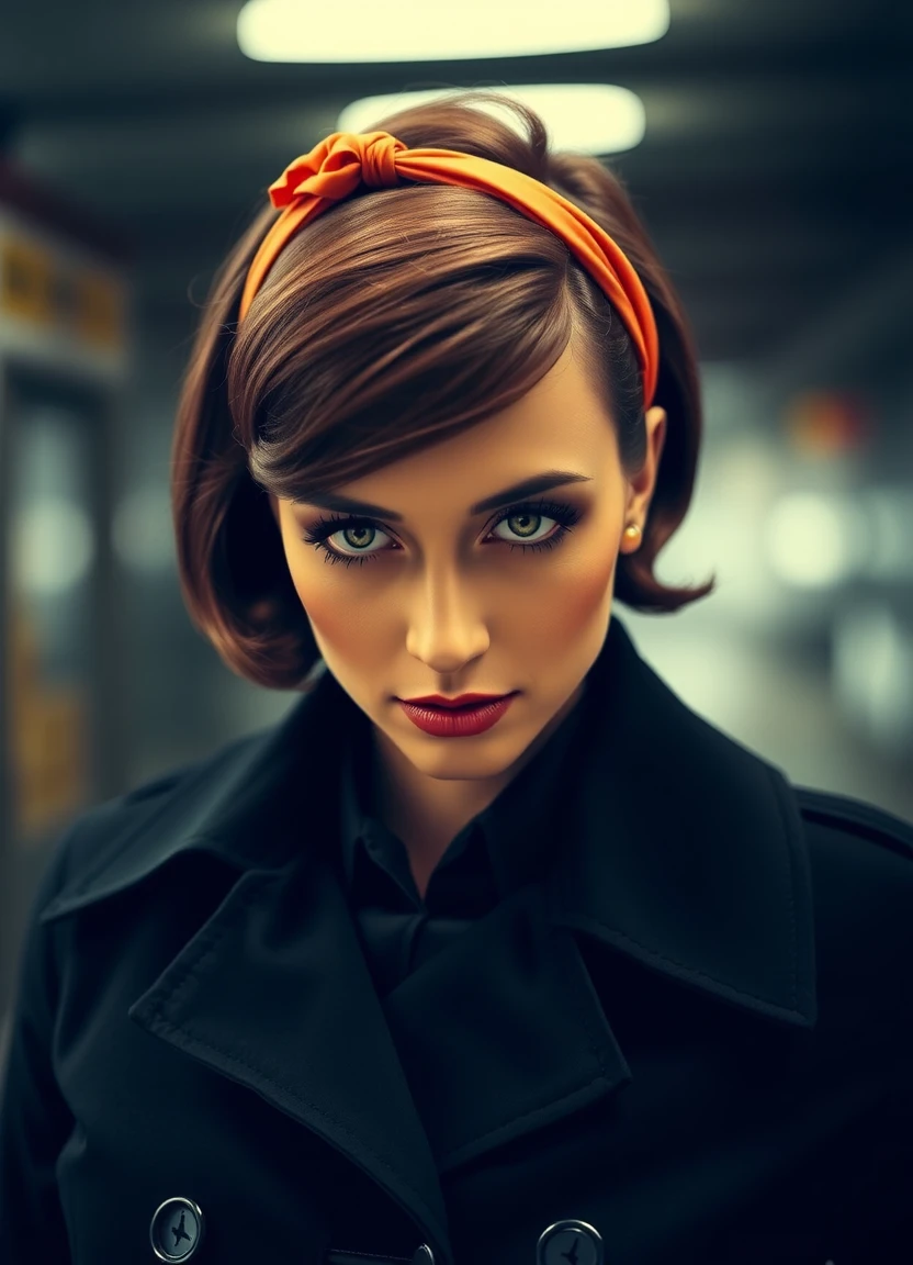 nolfcatearcher, woman with short brown hair, orange hairband, black trenchcoat,, retro style, female secret agent, suspense, cinematic