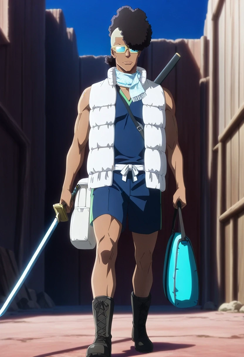 masterpiece, best quality, , anime screencap, anime coloring, official style, , , 1boy, solo, male focus, <lora:ouetsu_nimaiya_ilxl:1>, ouetsu_nimaiya, black hair, sunglasses, tinted eyewear, opaque glasses, afro, , vest, sleeveless, sword, , Rugby shorts, Toile Long-sleeve shirt, Hiking boots, , Chiffon scarf andShoulder Bag