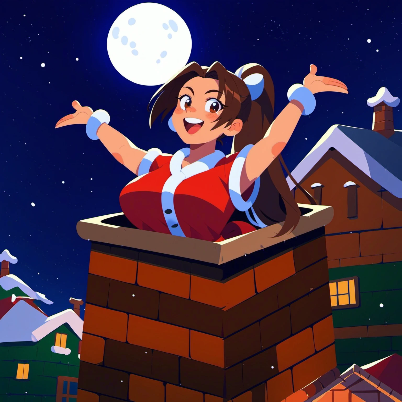 score_9, score_8_up, score_7_up,  santa in chimney, arms up, mai shiranui, santa suit, santa woman, mai shiranui, large breasts, santa in chimney, arms up, night, houses, snow, moon <lora:santa_in_chimney_01_resized:0.8>