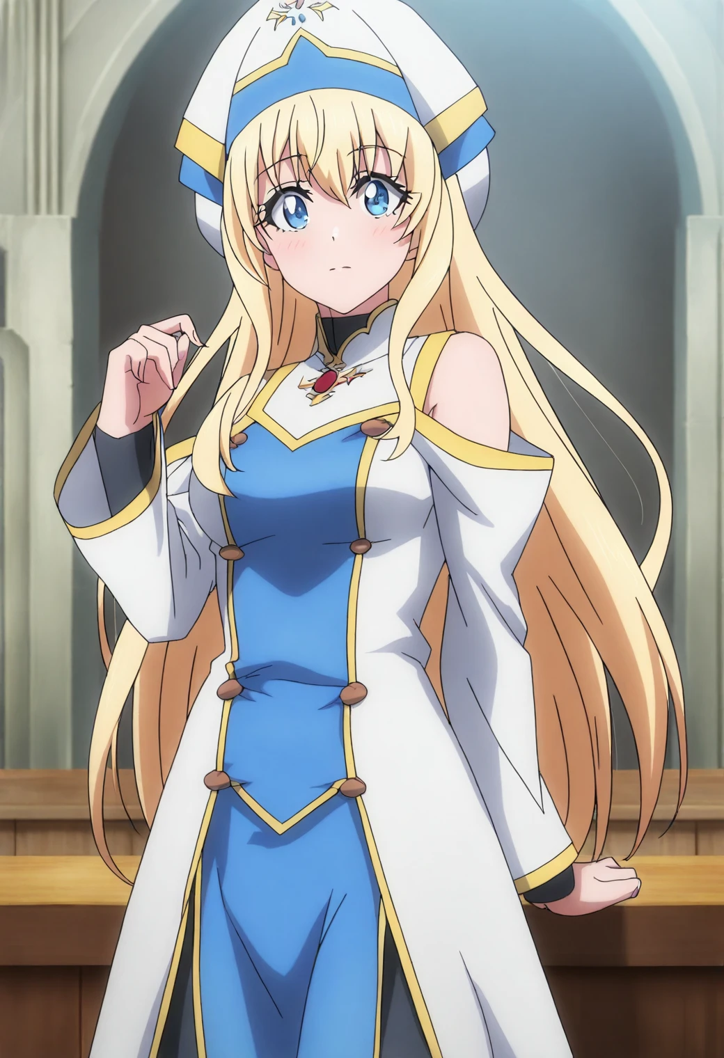 <lora:Priestess - [Goblin Slayer] - illustriousXL v1:1>, sysdeep_priestess, blue eyes, blonde hair, long hair, anime coloring, 1girl, solo, Rocky coastline, high winds, long dress billowing, confident gaze