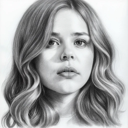 linea, A close-up portrait of a young woman with flowing hair, drawn in a highly detailed pencil sketch style. Her eyes are expressive, gazing thoughtfully to the side. The shading captures soft light falling across her face, with intricate cross-hatching for texture. Strands of hair are individually detailed, with natural flow and slight imperfections to mimic hand-drawn art. Grayscale shading emphasizes depth and highlights the natural beauty of pencil work