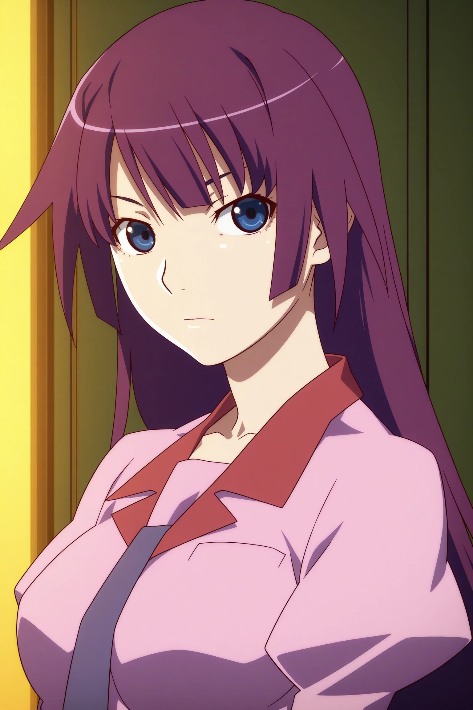 masterpiece, best quality, amazing quality, highres, absurdres, very aesthetic, high resolution, ultra detailed, perfect details, 1girl, solo, indoors, medium breasts, hitagi senjougahara, long hair, hime cut, purple hair, blue eyes, long sleeves, puffy sleeves, pink shirt, untucked shirt, breast pocket, purple tie, purple skirt, pleated skirt, black thighhighs, zettai ryouiki, loafers, <lora:Hitagi_Senjougahara_ILXL:0.8>, (aged up:1.2), (portrait:1.8), looking at viewer, expressionless, dim lighting, anime coloring, anime screencap, from side