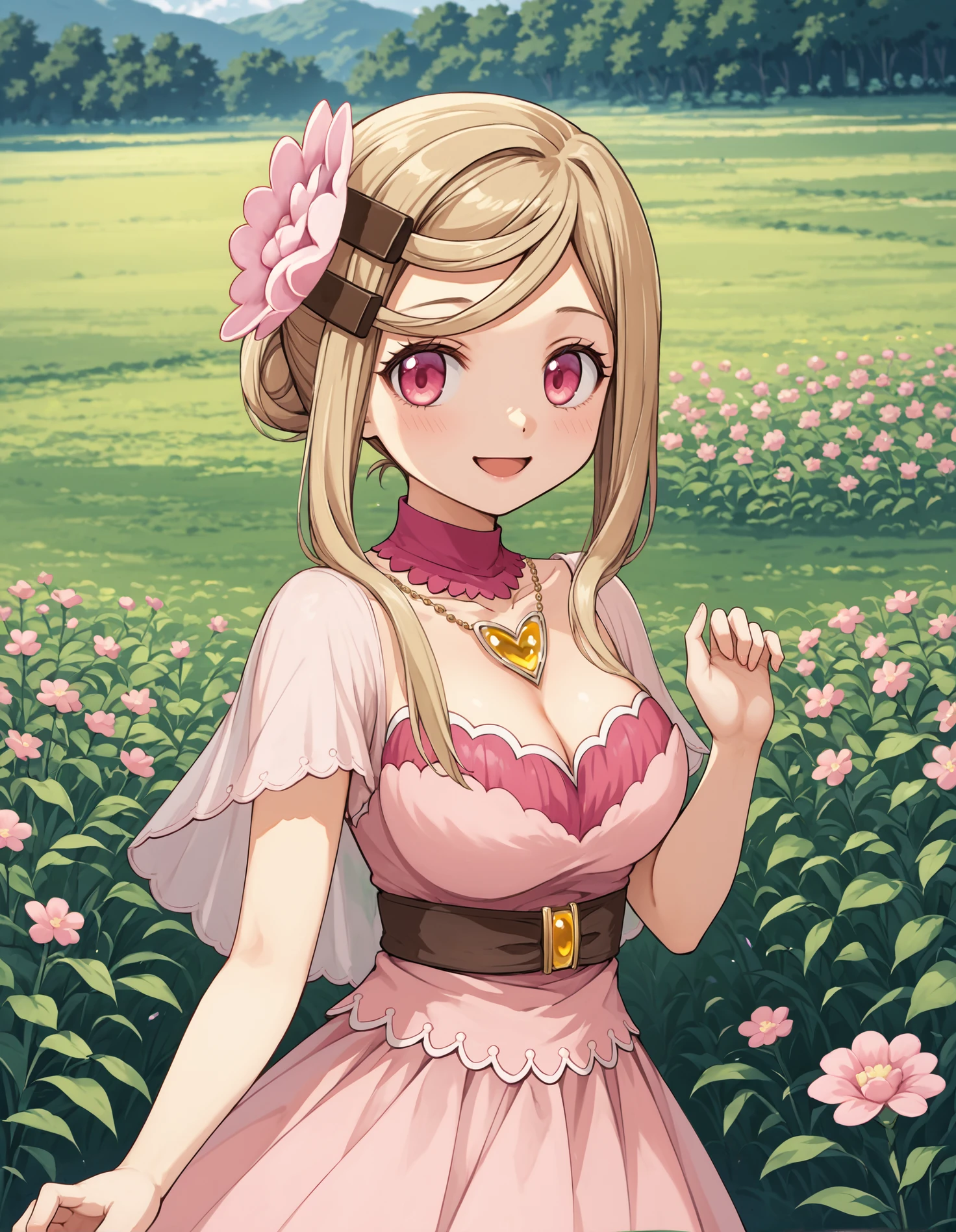 score_9, score_8_up, source_anime, 1girl, upper body, medium shot, detailed, mgrcsashakurusu, blonde hair, sidelocks, hair bun, pink eyes, looking at viewer, flower hairclip, pink detached collar, pink shawl, yellow gem necklace, pink dress, brown belt, outdoors, flower field, hand outstretched, wind, hand up, happy, dynamic pose, (side view:0.65), <lora:mgrcsashakurusu_XL:0.9>