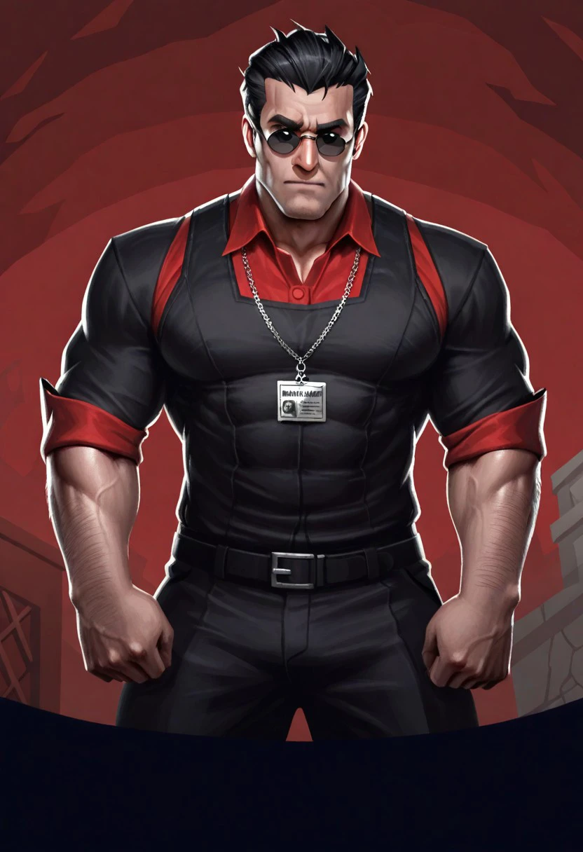 GwentstyleIL-V1.0, masterpiece, best quality, newest, absurdres, highres, GwentstyleIL-V1.0 1boy, helltaker \(helltaker\), sunglasses, glasses, black hair, short hair, muscular, muscular male