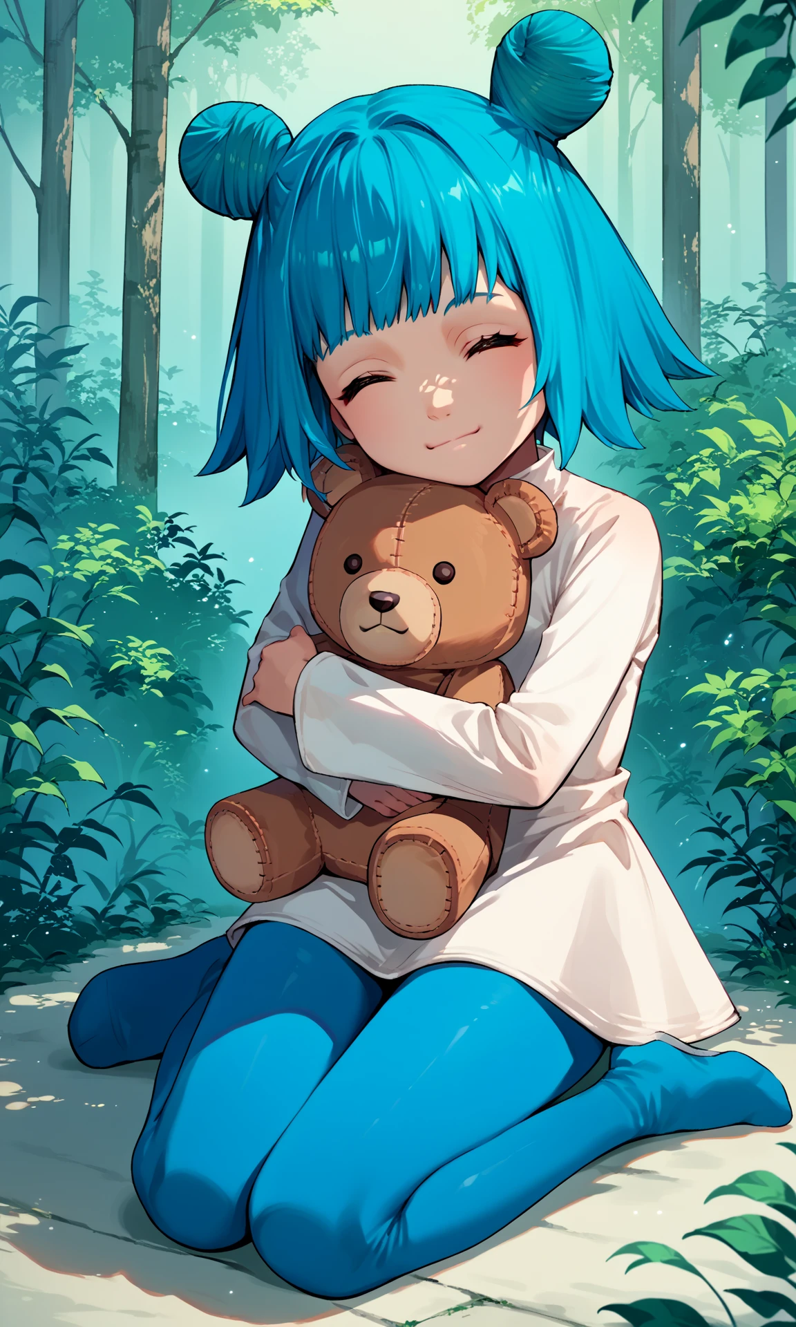 score_9, score_8_up, score_7_up, source_anime, jovixd, 1girl, solo, blue hair, short hair, double bun, white dress, long sleeves, blue leggings, outdoors, nature, smile, closed mouth, head tilt, seiza, full body, closed eyes, hugging bear plushie