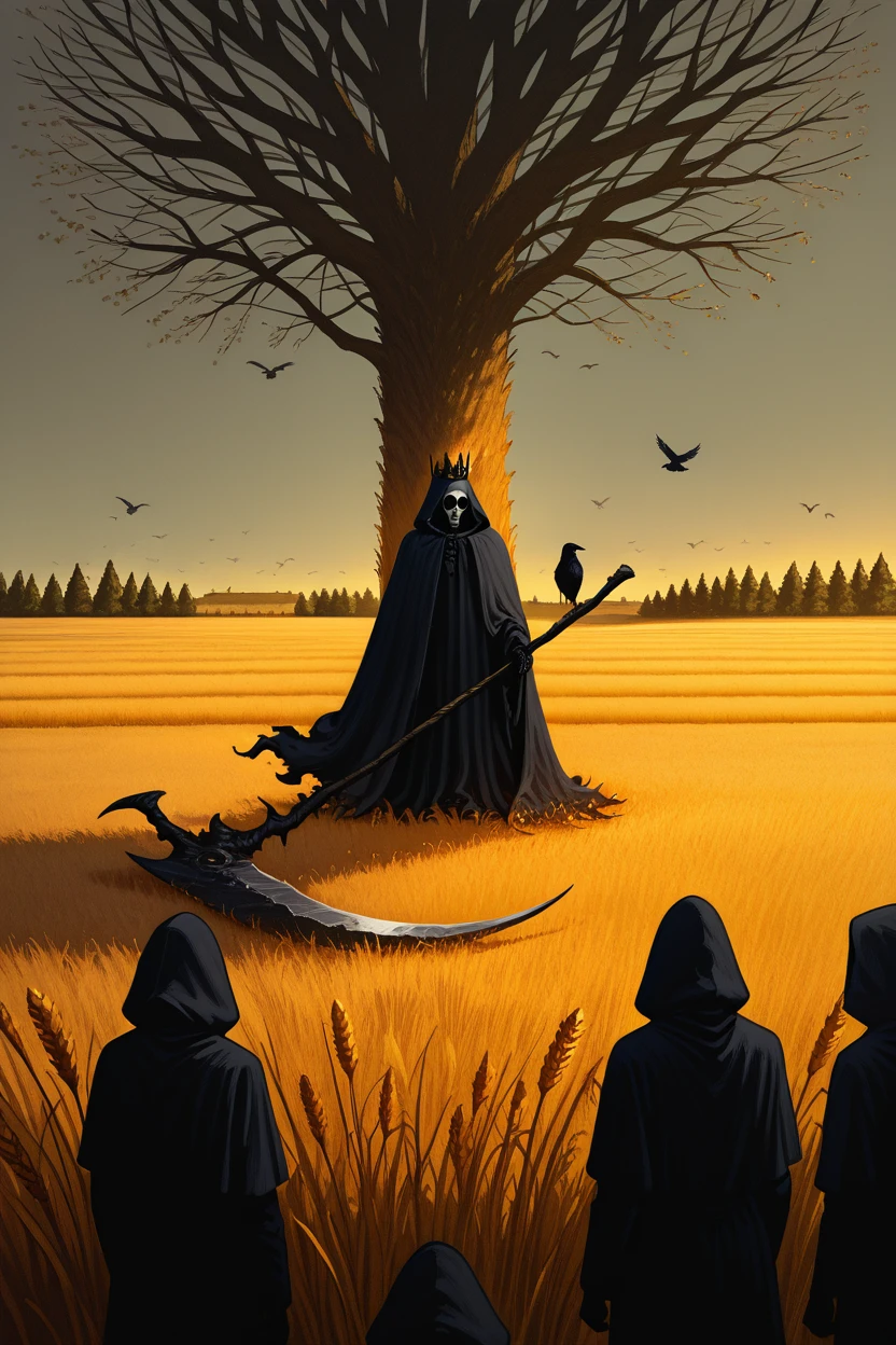 masterpiece, best quality,    3others, bird, black bird, black cloak, black robe, cloak, crow, death, death (entity), farm, farming, field, grim reaper, holding, holding scythe, multiple others, original, patreon username, robe, scythe, skeleton, skull, spikes, watermark, weapon, web address, wheat, wheat field, standing, outdoors, multiple boys, sky, hood, holding weapon, tree, grass, crown, silhouette, hooded cloak   ,<lora:AnatoFinnstarkIXL_v2:1.0>,