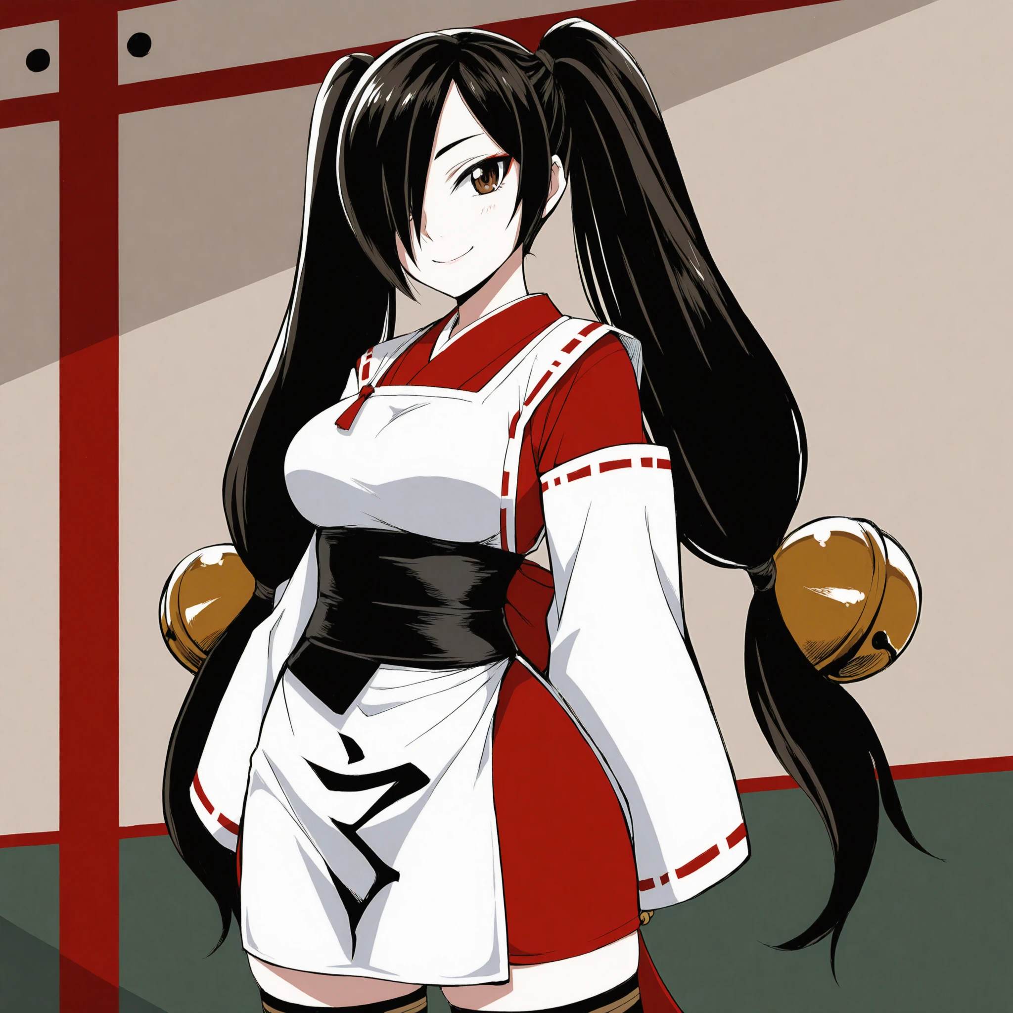 best quality,(2020 anime style,anime face:1.4),(1girl,solo:1.2),Kagura,miko,black hair,very long twintails,hair low-tied ball bell,hair over right eye,long wide ribbon-trimmed white sleeves,japanese clothes,sash,behind waist long ribbon,black toeless thighhighs,apron black text,medium breasts,<lora:Kagura_IL> BREAK
cowboy_shot,smile,brown eyes,(japanese room:1.2),