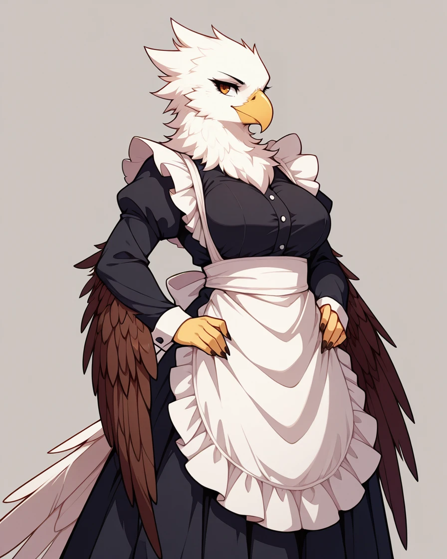 masterpiece, best quality, 1girl, solo, megafeathery, feathers,feathers, bird anthro, furry, avian, beak, eagle anthro, solo, female, maid  , <lora:Mega_Feathery_for_Illustrious_XL:0.8>