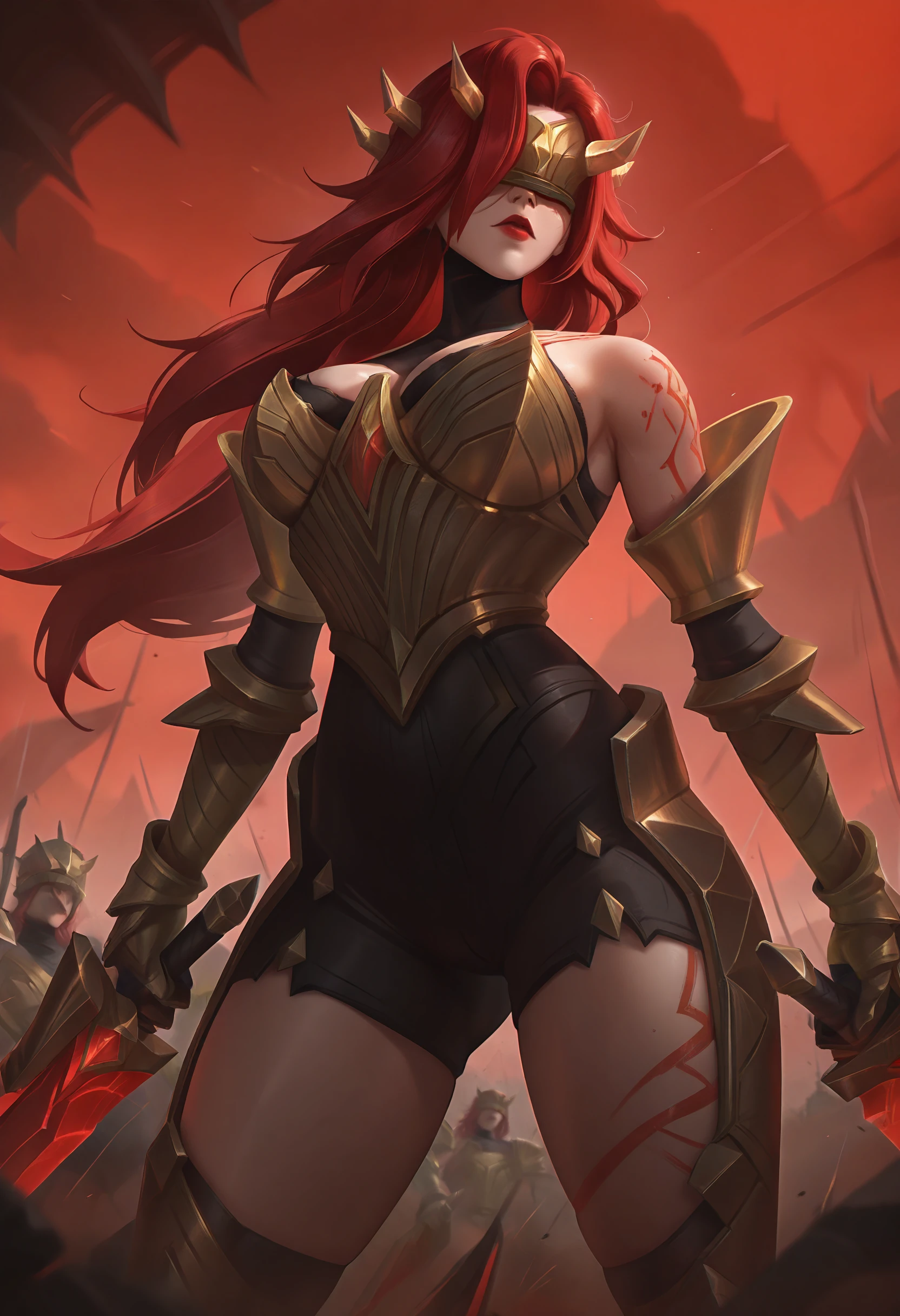 masterpiece, best quality, newest, absurdres, highres, 1girl, league of legends,  <lora:CWKat:1> cwkat, tattoo, bare shoulders, gauntlets, gold armor, covered eyes, red lips, battlefield, looking down, large breasts, red sky, holding weapon, dual wielding, holding sword,