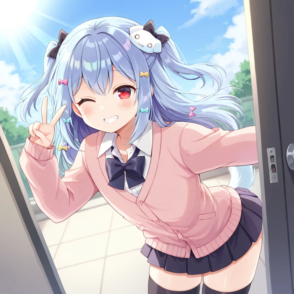 masterpiece, high quality, absurdres, 
solo, looking at viewer, v, one eye closed, blush, open door, blue sky, cloud, sunlight, grin,
<lora:Inuyama_Tamaki_-_Illustrious:1> blue hair, black bow, black skirt, black thighhighs, bow, bowtie, dog hair ornament, hair bow, hair ornament, miniskirt, otoko no ko, pleated skirt, red eyes, skirt, sweater, thighhighs, two side up, pink cardigan,