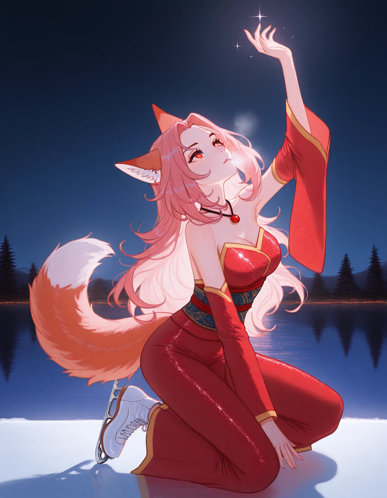 Madam_Ai,  solo, girl, pink hair, animal ears, red eyes, red kimono, detached sleeves, bare shoulders, tail, by [lack|fuzichoco|lam|kinta \(distortion\)|wlop|nixeu|happoubi jin|miyajima reiji], (by quasarcake:0.7), impasto, ice skating, ice skates, armpits, arm up, white footwear, on one knee, sequins, glint, sparkle, snow, backlighting, night, moonlight, outdoors, frozen lake, looking up, impasto, vignetting, chiaroscuro, masterpiece, best quality, very aesthetic, absurdres, mouth vapour
 <lora:illustrious_christmas_collection_v1:1>
 <lora:Madam_Ai_illustriousXL:0.9>