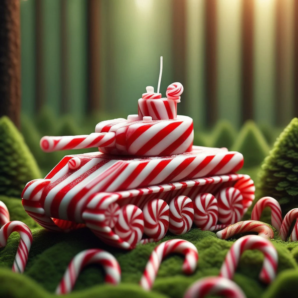 photorealistic, candy_style, tiny tank made of candy cane, best quality, sunshine, stripes, wild nature, forest