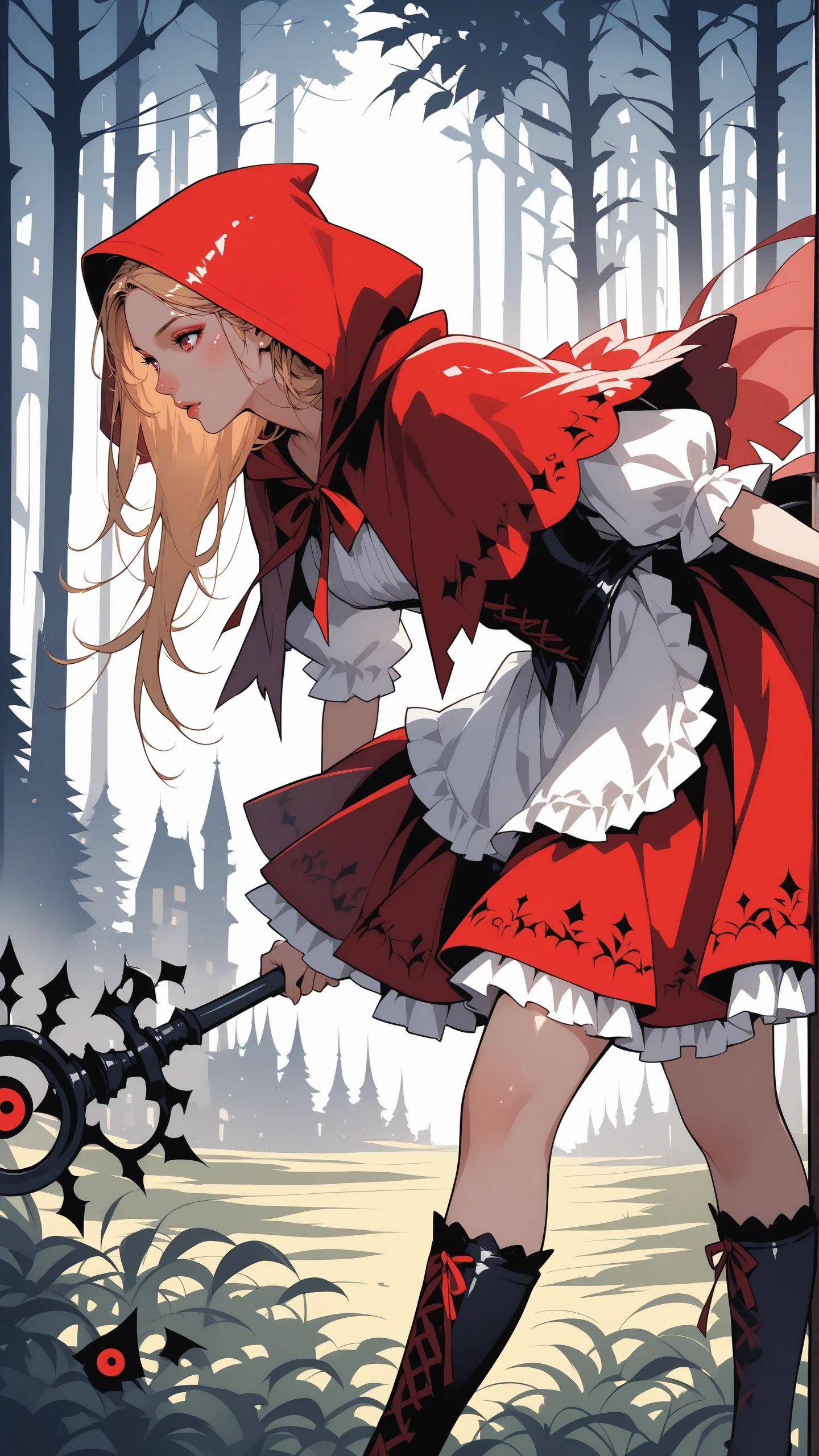 reij-drkfnwr <lora:drkfnwr:1>, woman, red riding hood, blonde