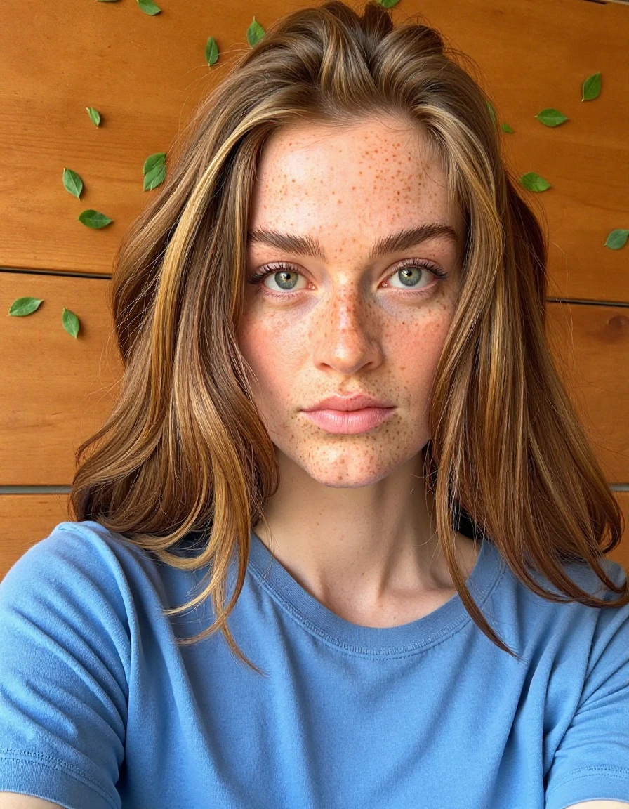 The image is a close-up shot of a woman's face. She has long hair is styled in loose waves and falls over her shoulders. She is wearing a blue t-shirt and is looking directly at the camera with a serious expression. The background is a wooden paneled wall with small green leaves scattered across it.  <lora:swantji_paulina_dev_f1:1> <lora:FLUX.1-Turbo-Alpha:1>