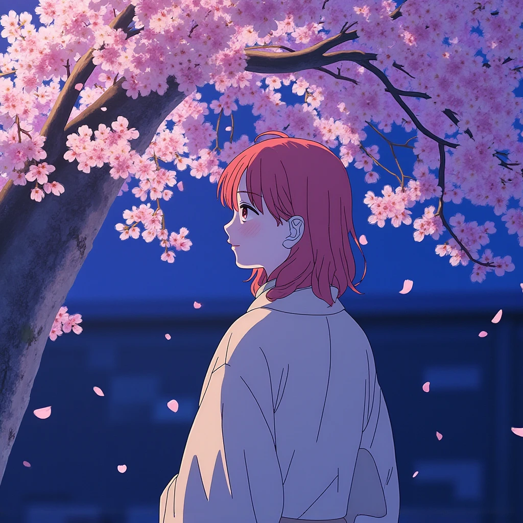 Yuki standing under a cherry blossom tree at night, petals gently falling around her, wearing a traditional kimono