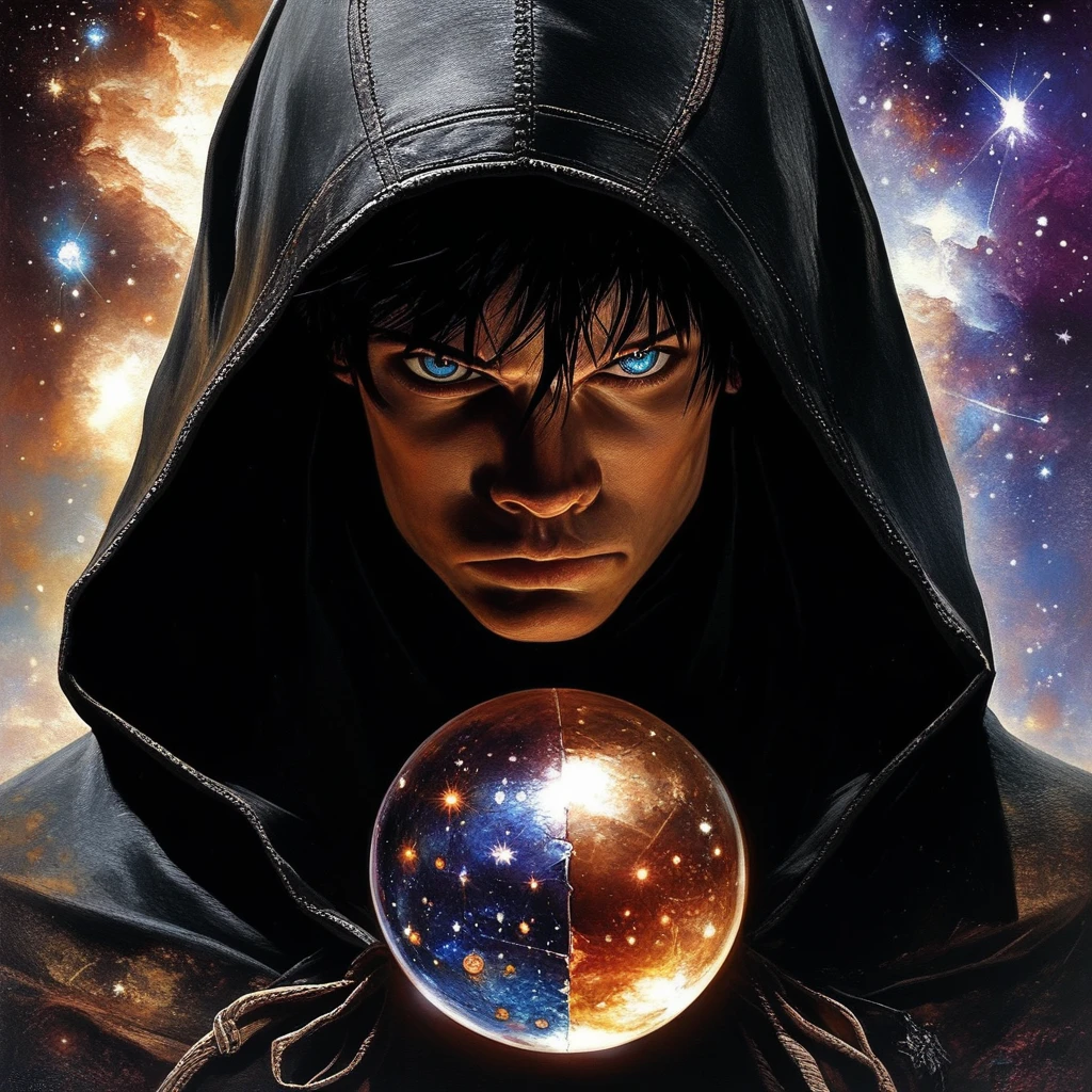 ArsMJStyle, Etherial Gothic, The image is a portrait of a young man wearing a black hooded cloak with a hood that covers his head. He is holding a crystal ball in his hands and appears to be in the process of casting it into the air. The man has long dark hair and is looking directly at the camera with a serious expression on his face. The background is dark and filled with stars and nebula giving the impression of a mystical and mystical atmosphere. The colors are vibrant and the overall mood of the image is intense and powerful., 1girl, solo, hood, blue eyes, black hair, looking at viewer, hood up, robe, upper body, realistic